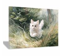 HUYEEI Tela artistica da parete, Gatto che gioca con l'erba, moderna arte, per chambre à coucher da letto soggiorno ufficio Decorazioni della casa(bianco)-50x70cm Incorniciato