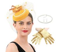 HVRFJXI Cappello fascinator da donna con perle finte dettagliate, collana, orecchini e guanti, set per ballo di fine anno, attività all'aperto, cappello alla moda da donna, Giallo, Taglia unica