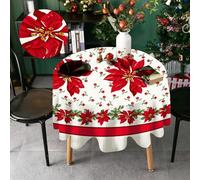 HW CASA Rotonda Tovaglia Natalizia 140×140CM,Decorazione di Natale e Capodanno Festa Vacanza,Stampa ad Alta Definizione,In Omaggio 4pz di Pinze Ferma Tovaglia (Fiore Di Natale Bianco)