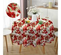 HW CASA Rotonda Tovaglia Natalizia 140×140CM,Decorazione di Natale e Capodanno Festa Vacanza,Stampa ad Alta Definizione,In Omaggio 4pz di Pinze Ferma Tovaglia (Fiore Di Natale Rosso)