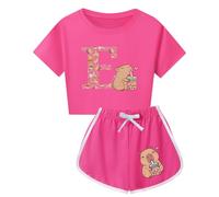 HWBACLSFA Set da Ragazza con T-Shirt a Maniche Corte e Pantaloncini, Set Corto con Stampa di Cartone Animato Carina,Pink1,120cm