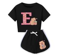 HWBACLSFA Set da Ragazza con T-Shirt a Maniche Corte e Pantaloncini, Set Corto con Stampa di Cartone Animato Carina,Nero,110cm