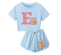 HWBACLSFA Set da Ragazza con T-Shirt a Maniche Corte e Pantaloncini, Set Corto con Stampa di Cartone Animato Carina,Blu,110cm