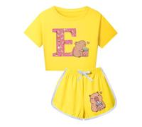 HWBACLSFA Set da Ragazza con T-Shirt a Maniche Corte e Pantaloncini, Set Corto con Stampa di Cartone Animato Carina,Giallo,140cm