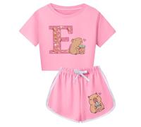 HWBACLSFA Set da Ragazza con T-Shirt a Maniche Corte e Pantaloncini, Set Corto con Stampa di Cartone Animato Carina,Rosa,120cm