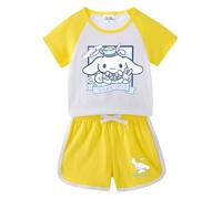 HWBACLSFA Set Estivo per Ragazze con Stampa a Maniche Corte, Carina T-Shirt per Bambini e Pantaloncini, Set Casual Sportivo in Due Pezzi,Giallo,100cm