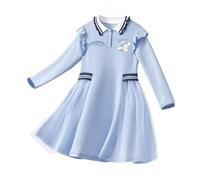 HWBACLSFA Vestito Primaverile da Ragazza, Vestito da Principessa Coreano a Maniche Lunghe con Stampa di Cartoni Animati,Blu,150cm