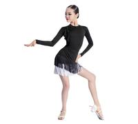 HWBZSZY 2 Pezzi Bambina per Bambini Nappa Vestito da Ballo Latino Body a Maniche Lunghe con Frange Jazz Samba Rumba Dancewear Sala da Ballo Performance Costume Gonna Pratica,Blackwhite,140