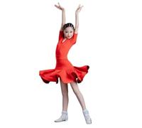 HWBZSZY Abito da Competizione Professionale per Prestazioni di Danza Latina per Ragazze, Gonna A Dondolo Grande con Body Manica Lunga Allenamento Costume da Ballo Set di Due Pezzi,Rosso,130