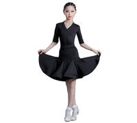 HWBZSZY Abito da Competizione Professionale per Prestazioni di Danza Latina per Ragazze, Gonna A Dondolo Grande con Body Manica Lunga Allenamento Costume da Ballo Set di Due Pezzi,Nero,130