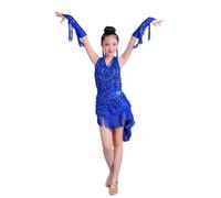 HWBZSZY Bambini Ragazze Frangia Nappa Salsa Latina Scollo a V Abito da Ballo con Guanti Sala da Ballo Samba Rumba Performance Costume Lucido Paillettes Competizione Dancewear,Blu,170cm