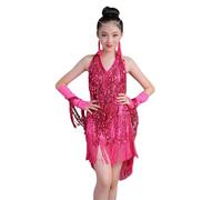 HWBZSZY Bambini Ragazze Frangia Nappa Salsa Latina Scollo a V Abito da Ballo con Guanti Sala da Ballo Samba Rumba Performance Costume Lucido Paillettes Competizione Dancewear,Rosa,130cm