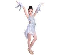 HWBZSZY Bambini Ragazze Frangia Nappa Salsa Latina Scollo a V Abito da Ballo con Guanti Sala da Ballo Samba Rumba Performance Costume Lucido Paillettes Competizione Dancewear,Bianca,170cm