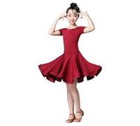 HWBZSZY Bambini Ragazze Manica Corta Abito da ballo Latino Body Elastico In Vita Gonna Volant Samba Tango Un Pezzo Bambini Dancewear Performance Sala Da Ballo Costume, Rosso, 170