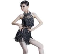HWBZSZY Bambini Ragazze Nappa Tango Latino Tango Dance Dress Costumi da Ballo Samba Rumba Dancing Abiti Paillettes Halter Collo Dancewear per la Pratica di Prestazioni Gonna,Nero,140cm
