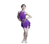 HWBZSZY Bambini Ragazze Nappa Tango Latino Tango Dance Dress Costumi da Ballo Samba Rumba Dancing Abiti Paillettes Halter Collo Dancewear per la Pratica di Prestazioni Gonna,Viola,110cm