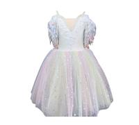 HWBZSZY Ragazze Arcobaleno Paillettes Principessa Balletto Danza Vestito Fiori Ricamo Ginnastica Body Outfit con Volant Tulle Gonna Un Pezzo Ballerina Dancewear Performance Costume,Natural,130cm