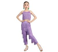 HWBZSZY Ragazze Bambini Bambini Salsa Tango Nappa Abito da Ballo Latino Set da 2 Pezzi Canotta e Pantaloni con Frange Performance Ballroom Costume Competition Dancewear,Viola,160cm
