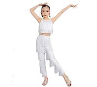 HWBZSZY Ragazze Bambini Bambini Salsa Tango Nappa Abito da Ballo Latino Set da 2 Pezzi Canotta e Pantaloni con Frange Performance Ballroom Costume Competition Dancewear,Bianca,170cm