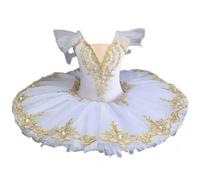 HWBZSZY Ragazze Danza Floreale Body per Abito da Balletto con Perla Strass Decorazione Lucido Tulle Gonna Volant Manica Backless Ballerina Outfit Sala da Ballo Performance Dancewear,Bianca,160cm
