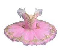 HWBZSZY Ragazze Danza Floreale Body per Abito da Balletto con Perla Strass Decorazione Lucido Tulle Gonna Volant Manica Backless Ballerina Outfit Sala da Ballo Performance Dancewear,Rosa,150cm
