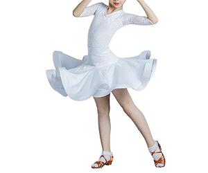 HWBZSZY Ragazze Manica Corta Gonna da Ballo Latino Sala da Ballo Salsa Tango Ruffles Gonne Kid Bambino Pizzo Pratica di Ballo Vestito Performance sul Palco Costume con Body e Gonna,Bianca,140cm