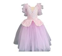 HWBZSZY Ragazze Maniche Arruffate Abito da Principessa con Cinghia Regolabile Balletto Body Tutu Gonna Floreale Strass Decorazione Ballerina Costume Ginnastica Bambini Dancewear,Rosa,140cm