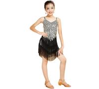 HWBZSZY Ragazze Paillettes Frangia Nappa Abito da Ballo Salsa Tango Cha Cha Danza Latina Canotta Gonna Senza Schienale Senza Maniche Competizione Dancewear Stage Performance Costume,Argento,150cm