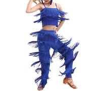 HWBZSZY Tassel Latin Dance Dancewear Costumi Ragazze Salsa Samba Sala da Ballo Abito con Frange Pantaloni e Top Set Competizione per Bambini Abito da Ballo Altezza 110-170 cm,Blu,16 Years