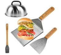 HWSWSH 4 Pz Set di Set Smash Burger, Copertura per Hamburger in Acciaio Inox, Spatola con Manici per Pressa Hamburger, Pennello per Olio, Spatola da Grill, Accessori per Barbecue, Piastra e Campeggio