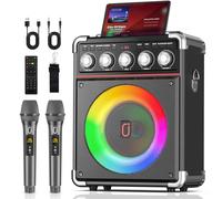 HWWR Macchina Karaoke con 2 microfoni per adulti, Bluetooth Karaoke con regolazione bassi/alti/eco, sistema PA con telecomando/luci LED, supporto TWS/TV/USB/AUX/TF Card