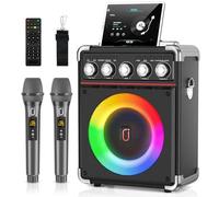 HWWR - Macchina per karaoke con 2 microfoni, portatile, per adulti e bambini, altoparlante Bluetooth per karaoke con regolazione bassi/alti, sistema PA con telecomando/luci LED, supporto REC/USB/AUX