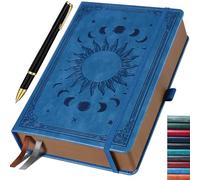 HwxBen Diario per uomo e donna, 360 pagine, copertina rigida, con penna, design vintage, sole e luna, blu, 19,6 x 25,4 cm