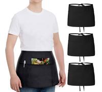 HWXZUUO 3PCS Waitress Apron with 3 Pockets Black Server Aprons Short Half Waist Apron for Restaurant Flower Coffee Bakery Milk Tea Shop