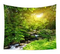 HWXZUUO Tapestry 59x39 Green Forest Wall Tapestry with Sunlight & Stream Polyester Backdrop with Installation Tools Decorative for Bedroom, Living Room, Party