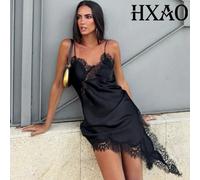 HXAO Abito asimmetrico in pizzo Donna senza maniche Slip Abito nero Abiti da festa in raso estivo Abiti da notte corti sexy senza schienale