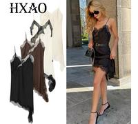 HXAO Abito sottoveste asimmetrico in pizzo Abito da donna Abito estivo nero marrone Abiti da festa eleganti Abiti sexy senza maniche senza schienale