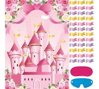 Hxezoc Giochi per feste con principesse per bambini Pin la bandiera sul castello con 36 adesivi per bandiere, set di giochi di principesse grandi per ragazze bambini principessa tè forniture per feste