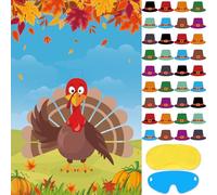 Hxezoc Giochi per feste del Ringraziamento, Pin The Hat on The Turkey Game con 36 adesivi per cappelli, grande poster di gioco di tacchino per bambini, festa del Ringraziamento, feste di compleanno
