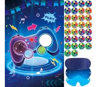 Hxezoc Pin The Button On The Video Party Game con 36 adesivi per pulsanti per videogiochi, grande poster per videogiochi per bambini e ragazzi, festa di compleanno, feste di carnevale