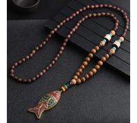 HXSCOO Collana Vintage Fatta a Mano in Nepal, Buddista Mala, Perline di Legno, Ciondolo e Collana Etnica con Corno e Pesce, Gioielli Lunghi da Donna e Uomo (Color : Style2)