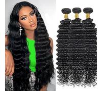 Hxxcoup 24 26 28 pollici Bundles Human Hair Extension Capelli Veri Tessituras Deep Wave Unprocessed Brasiliani Vergini Hair 1B Natural Black Minimal Tangle for Woman 3 Bundle Total 300g