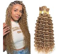 Hxxcoup Human Braiding Hair for Boho Braids Deep Wave Bulk Total 150g 3 Bundles 16 16 16 Inch Human Hair Extension Capelli Umani Naturali Unprocessed No Weft #27 Blonde Color for Women
