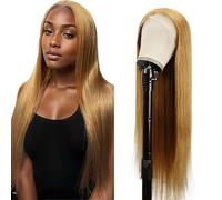 Hxxcoup Straight Human Hair Wig 5x5 Lace Front Parrucca Donna Capelli Veri Umani Wear and Go Glueless Wig #27 Blonde Pre Plucked Hairline with Baby Hair for Woman No Smell 12 Pollici