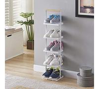 HXZJUIKL Scarpiera a 5 ripiani, impilabile, per la casa, in ferro battuto e legno naturale, per fino a 5 paia di scarpe, verticale, 25,6 x 17,3 x 92 cm (bianco)