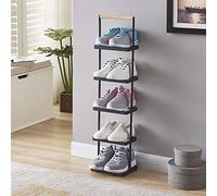 HXZJUIKL Scarpiera a 5 ripiani, impilabile, per la casa, in ferro battuto e legno naturale, per fino a 5 paia di scarpe, verticale, 25,6 x 17,3 x 92 cm, colore: nero