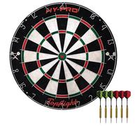 Hy-Pro Topflight - Set di freccette professionali con superficie in sisal, Bullseye senza graffette, filo mobile, 6 freccette con punta in acciaio da 18 g, kit di montaggio a parete, per interni ed