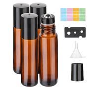 Hyber&Cara 4Pcs 10ml Roll On Vuoto per Oli Essenziali Ambra Bottiglie Vuote in Vetro, Bottiglie Flaconcini Vuoti Per Oli Essenziali, Profumi, Liquidi(incluso 1 apribottiglie, adesivo e 1 imbuto)