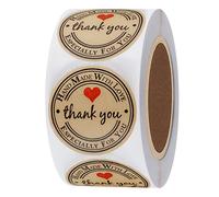 Hybsk, etichette adesive rotonde, 3,8 cm, in carta kraft, con frase in inglese “Thank You Hand Made With Love” e cuore rosso. 500 etichette adesive totali per rotolo