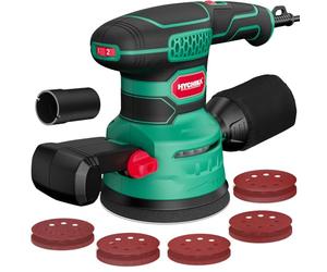 HYCHIKA 450W Levigatrice Orbitale, Sei velocità da 6000-12000 OPM, efficiente sistema di raccolta della polvere con 20 pezzi di dischi abrasivi 125mm, ideale per la levigatura di metallo e legno